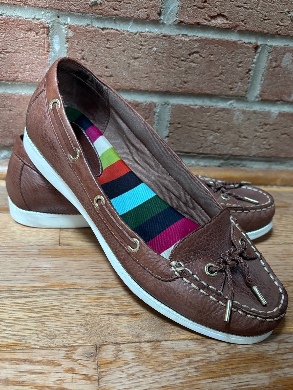 Eurostep Women’s 8M Brown Leather Loafers Multicolor Striped Boat Shoes